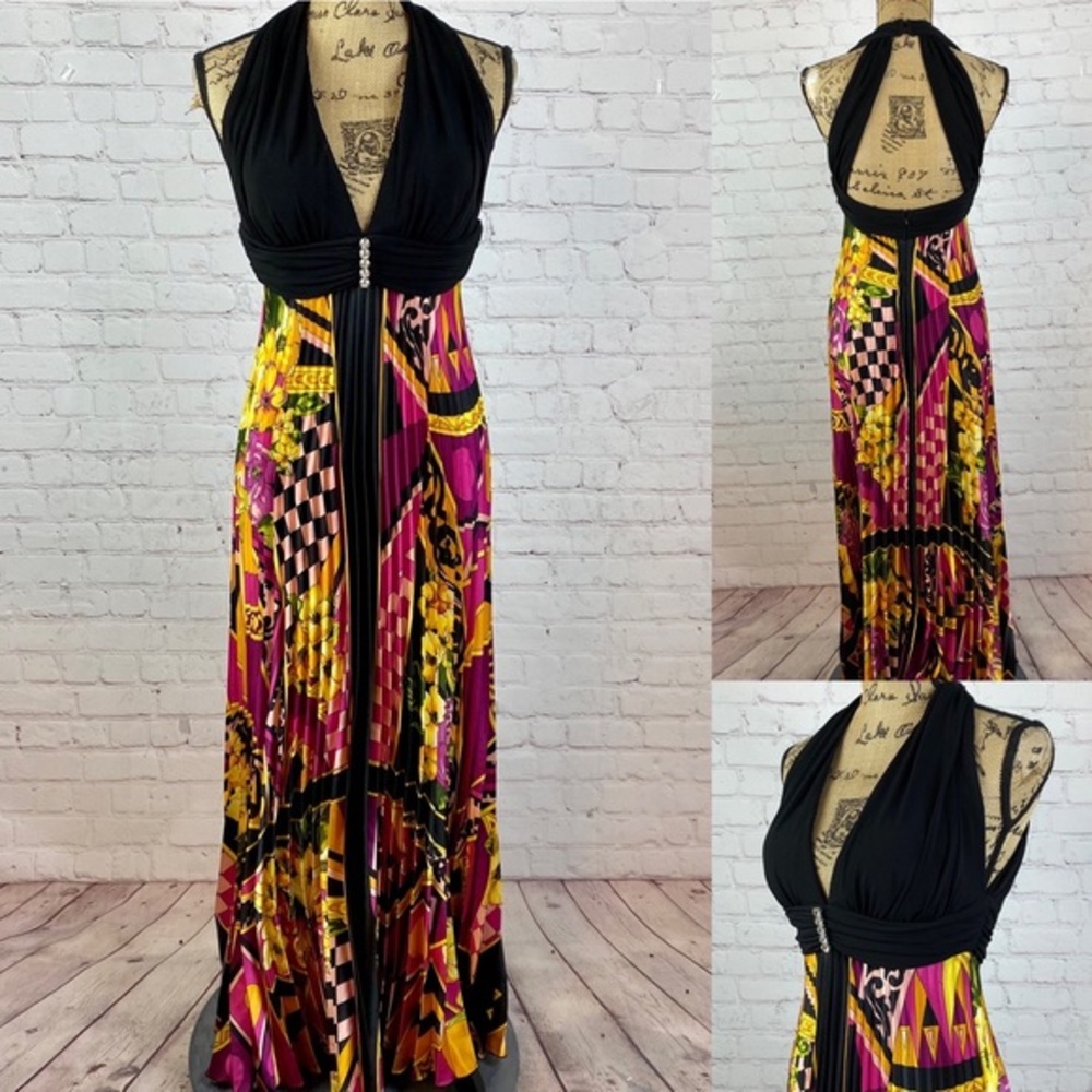 Betsy & Adam Open Back Boho Print Pleated Maxi